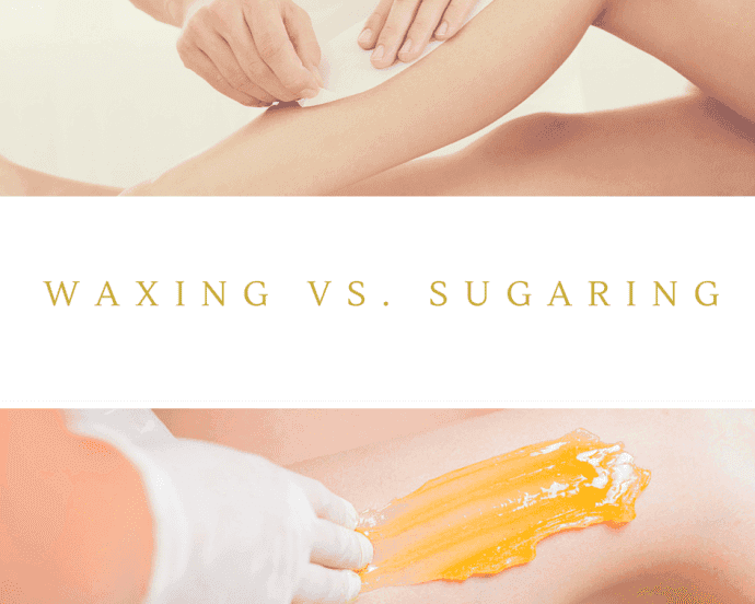 A picture of someone getting sugaring vs. waxing.